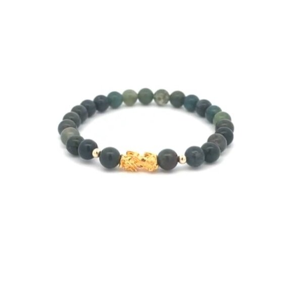 18K Gold Dragon Pixiu Piyao Lucky Charm Beads Bracelet Gemstones Moss Agate 6mm